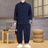 SHOPMOCHO Chinese Style Men Casual Set Ethnic Two Piece Cotton Comfort Stand Collar Jacket Retro Frog Buttons Cuff Ethnic Print Loose Fit