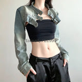 SHOPMOCHO Women Fashion Denim Jacket Y2K Aesthetic Vintage Sexy Crop Tops Coat Japanese Harajuku Streetwear Female Spring Summer Outerwear