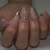 SHOPMOCHO 24Pcs Short Almond Fake Nails Butterfly Wings Nail Art with Glue Glitter Flower False Nails Acrylic Autumn Winter Press on Nail
