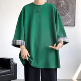 SHOPMOCHO men t shirts Summer Men's T-shirts Women Oversized 2XL Korean Style Loose Plaid T-shirt Casual Seven sleeves T-Shirt Male White
