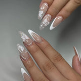 SHOPMOCHO Red Y2K Wearable Nail Art Chic Silver Butterfly Love Metal Bead Almond False Nails Detachable Finished Fake Nails Press on Nails