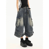 SHOPMOCHO American Style Women Vintage Washed Workwear Denim Shorts with Multiple Pockets Pleated Design Loose Drapey Seven-Foot Pants