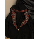 Shopmocho Grid Splicing Hooded Sweatshirt Women's Loose Versatile Zipper Cardigan Jacket Spring Autumn Long Sleeved Versatile Coat Top
