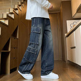 SHOPMOCHO Autumn New Men's Loose Jeans Multi-pocket Work-wearing Jeans Street Hip-hop Straight Wide-leg Pants Baggy Dance Pants
