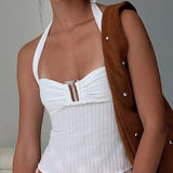 Shopmocho Chic Pink Pleated Sleeveless Tops Fashion Lace Up Off Shoulder Slim Fit Halter Vest New Women's Summer Vacation Party Top 2025