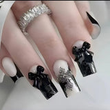 Shopmocho 24pcs Ballet Fake Nails Summer Pink White Bow Design French White Edge Flash Diamond High Saturation Full Coverage Fake Nai