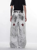 SHOPMOCHO 2026 American Retro Y2K Style Dirty Washed White Baggy Jeans Pants For Men Clothing Star Printed Straight Cotton Long Trousers