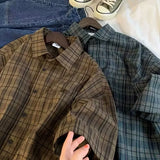 Shopmocho Japanese Vintage Plaid Short Sleeve Shirt Men's Streetwear Loose Fit High-end Feel Casual Stylish Versatile Half Sleeve Jacket