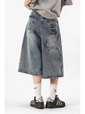 Shopmocho Women Y2k Style Baggy Denim Shorts Wide Leg Short Pants Fashion High Waisted Dark Wash Knee Length Loose Unisex Jeans Casual
