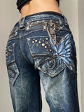 SHOPMOCHO American Fashion High Street Large Size Butterfly Embroidered Women Jeans Y2K Millennium Harajuku Slim Flared Jeans