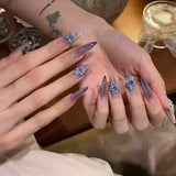 SHOPMOCHO 10Pcs Fashion Gentle Handwork Press On Nails French Style Flowers Butterfly Rhinestone Pearl Design Detachable False Nails Gift