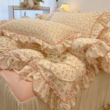 SHOPMOCHO 2/3Pc Korean Princess Style Floral Ruffles Bedding Set Single Queen Size Soft Skin-friendly Washed Cotton Duvet Cover Pillowcase