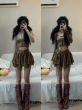 SHOPMOCHO-Y2k American Hot Girl Three Piece Sexy Skirt Suit Lace Maillard Color High Street Design Cardigan Suspender Female Versatile