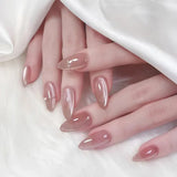 SHOPMOCHO 24Pcs Mid-length Almond Ballet False Nails Simple Cat Eye Design Press on Fake Nail Wearable Full Cover Nail Tips Manicure Tools