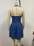 SHOPMOCHO Europe America New Sexy Hang The Neck V-neck Backless Denim Dress,Women's Summer Street Fashion Sleeveless Short Dress with Belt