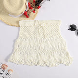 Shopmocho Handmade Crochet Hollow Out Swimwear Cover Up Solid Color Drawstring Short Skirt Women Holiday Knitting Sweet Beachwear