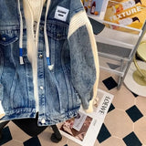 Shopmocho Loose Lazy Style Denim Patchwork Hoodie Women's Outerwear Sweater Jacket Autumn Winter New Korean Version Casual Coat