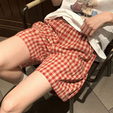 Shopmocho Summer Loose Plaid Shorts Women Ins Style Shorts High Waist Slimming Wide Legs Casual Home Pants Outdoor Wearing Walking Shorts