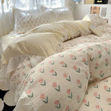 Shopmocho 1.5/1.8 Korean Style 100% Cotton Fitted Sheet Sets with Lace Flower Print Bedding Set for Seasons Home Bedclothes for Adult Kids