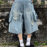 SHOPMOCHO American New Fashion Heavy Industry Deconstruction Hole Wash Jeans Cropped Pants Men Women Y2K Gothic Multi-pocket Overalls