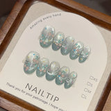 SHOPMOCHO 10Pcs Handmade Nude Color Press On Nails Sparkling Cat-Eye Cherry Star Marine Elements Sequins Cute Girlish Nail Suitable Summer