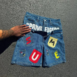 SHOPMOCHO American style hip-hop letter splicing denim shorts millennium retro personality fashion fake two-piece gothic rock