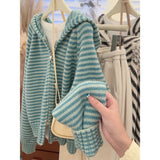 SHOPMOCHO Korean Style Green Knitted Cardigans for Women Casual Loose Knit Hooded Zipper Coats Autumn Winter Warm Sweater Jackets Tops