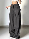 SHOPMOCHO Women's Black High Waist Wide Leg Suit Pants Pleated Front Side Tie Detail Loose Fit Casual Streetwear Spring Summer Trousers