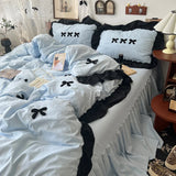 SHOPMOCHO Korean Princess Style Kawaii Girl Black Bow Bedding Set Skin-friendly Soft Duvet Cover Set Bed Sheet Or Bed Skirt Pillowcases