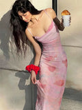 Shopmocho Women Pink Sweet Dresses Summer New Mesh Dresses Streetwear Fashion Print Dress Sexy Sleeveless V-Neck Elegant Knitted Clothing