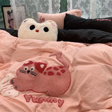 SHOPMOCHO Korean Style Bedding Set Green Strip Black Cat Embroidery Washed Cotton  Duvet Cover Cute Cardboard  Bed linen Comforter Sets