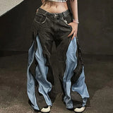 SHOPMOCHO American Y2K Street Color Stitching Washed Jeans Female Y2K Harajuku Hip Hop Popular Baggy Slim Spice Girl Wide-leg Mop Pants