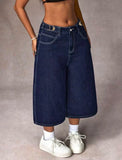 SHOPMOCHO Retro Dark Blue Adjustable Buckle Capri Jeans