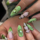 SHOPMOCHO 24Pc Green Cat Eye French Fake Nails with 3D Metal Line Sun Press on Nails Wearable Short Almond Artificial Nail Full Cover Nail