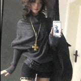 SHOPMOCHO 2000s Korean Fashion Slim Batwing Sleeve Autumn Sweaters Y2k Pure Color Subculture Casual Long Sleeve Pullovers Sweaters Chic
