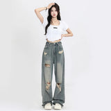 Shopmocho American Vintage Hole Y2k Women Jeans High Waist Jeans Wide Leg Baggy Loose Straight Hip Hop Streetwear Dragging Denim Pants
