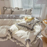 SHOPMOCHO Spring Green Princess Bedding Set Double Layer Lace Bow Quilt Cover Sheet And Pillowcase Simple Pastoral Girl Home Textiles