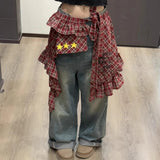 Shopmocho Star Layer Outfits Plaid Skirt Hip-hop Shirt Extender Lace Up Hip Scarf Y2K Korean Style Ruffled Edge Waistband