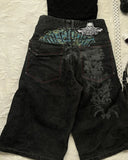 SHOPMOCHO Summer Black Skull Pattern Print Retro Men's Denim Shorts Y2K Street Jeans Sports Pants Commuting Casual Men's Wear