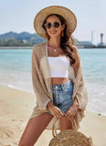 SHOPMOCHO-Openwork Open Front Longline Cover Up Crochet Knit Cardigan Sweater for Women Summer Vacation Beach Outfit
