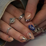 SHOPMOCHO 24pcs French Almond Press on Nails Blue False Nails Star Pattern Wearable Stick-on Nails Fake Nail Uñas Накладные Ногти 네일팁