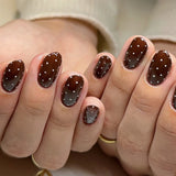 SHOPMOCHO Fashion Dark Brown White Polka Dot Wearable Nail Art Fall Winter Chic Fake Nails Detachable Finished False Nails Press on Nails