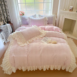 Shopmocho Pink Korean Princess Style Lace Ruffles Bedding Set Skin-friendly Seersucker Duvet Cover Set Fitted Sheet/Bed Sheet Pillowcases