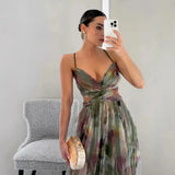 SHOPMOCHO Sexy Hollow Out Party Dress, Women Summer Loungewear Fashion Printing Maxi Dress, Sleeveless Lace-Up Ladies Dress Vestido