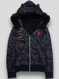 SHOPMOCHO Women Gothic Subculture Skull Embroidery Hooded Coat Winter Japanese Vintage Faux Fur Slim Jacket Grunge Punk Fashion Hoodies