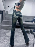 SHOPMOCHO American retro design wing embroidery low waist women jeans flared trousers Y2k fashion casual hot girl pants