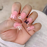 Shopmocho 24pcs Duckbill Shaped Fake Nails Gold Butterfly Rhinestone Design False Nail Tips Wearable Full Cover French Press on Nails