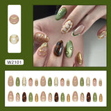 SHOPMOCHO 24pcs False Nails Glossy Green Summer Almond Fake Nail Tips Wearable Detachable Fashion Flower Print Press on Nails for Girl