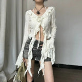 SHOPMOCHO Deeptown Vintage Fairycore Women Blouses Elegant Flare Sleeve Ruffle Tops Sexy Lace Up Shirts Hollow Out Aesthetic Crop Cardigan