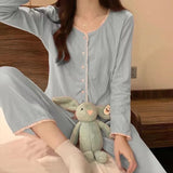 SHOPMOCHO Floral Long Sleeve Fitting Sleepwear Two-piece Set Spring Autumn Lace Trim Cotton Pajama Women Cute Casual Outable Home Suit Set